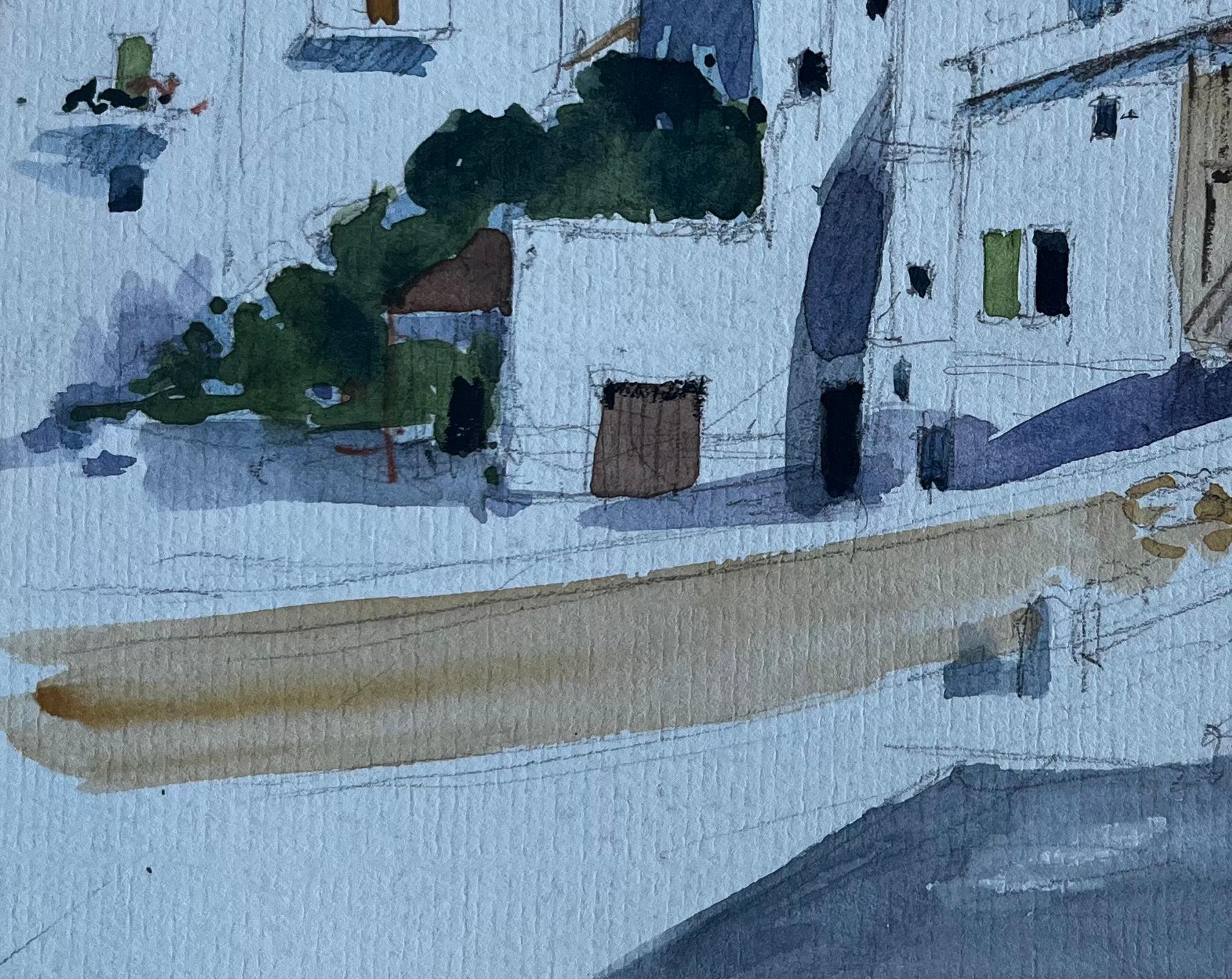 Scena di strada di un villaggio francese in cima alla collina Pittura ad acquerello della metà del secolo scorso in vendita 1