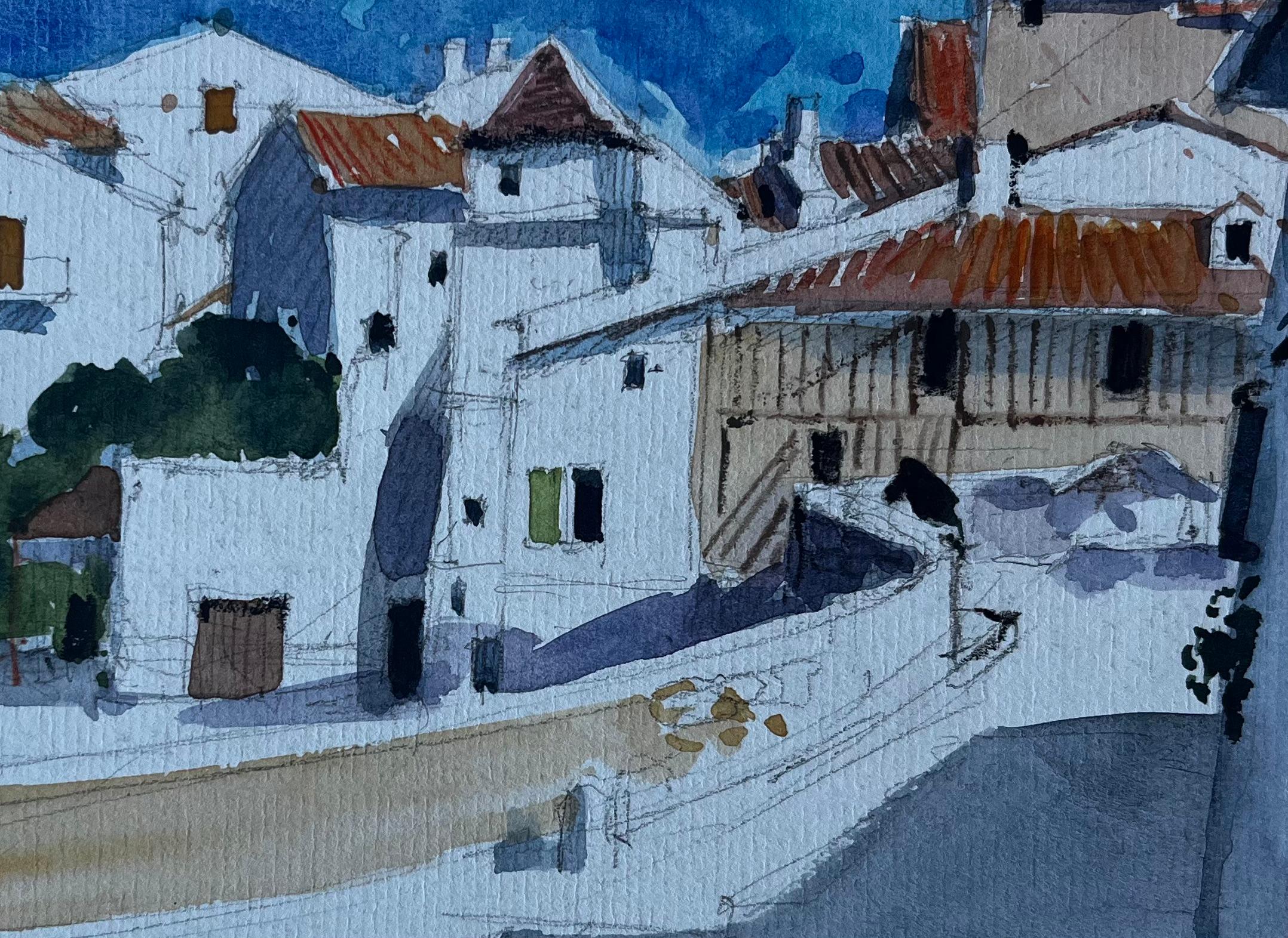 Scena di strada di un villaggio francese in cima alla collina Pittura ad acquerello della metà del secolo scorso in vendita 2