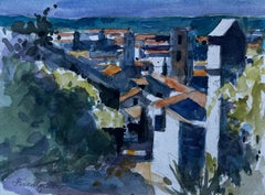 French Hilltop View of Forcalquier Mid Century Watercolour Landscape
