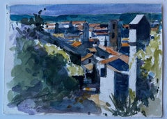 French Hilltop View of Forcalquier Mid Century Watercolour Landscape