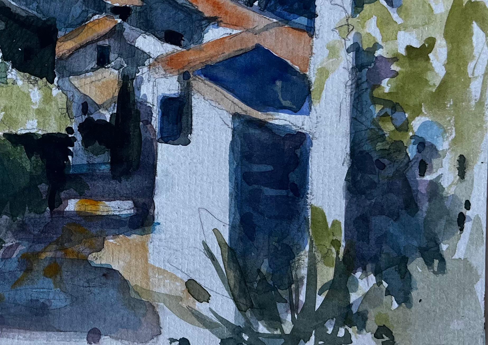 Vista de la colina francesa de Forcalquier Paisaje en acuarela de mediados de siglo - Landscape Painting Azul de Pierre Neveu