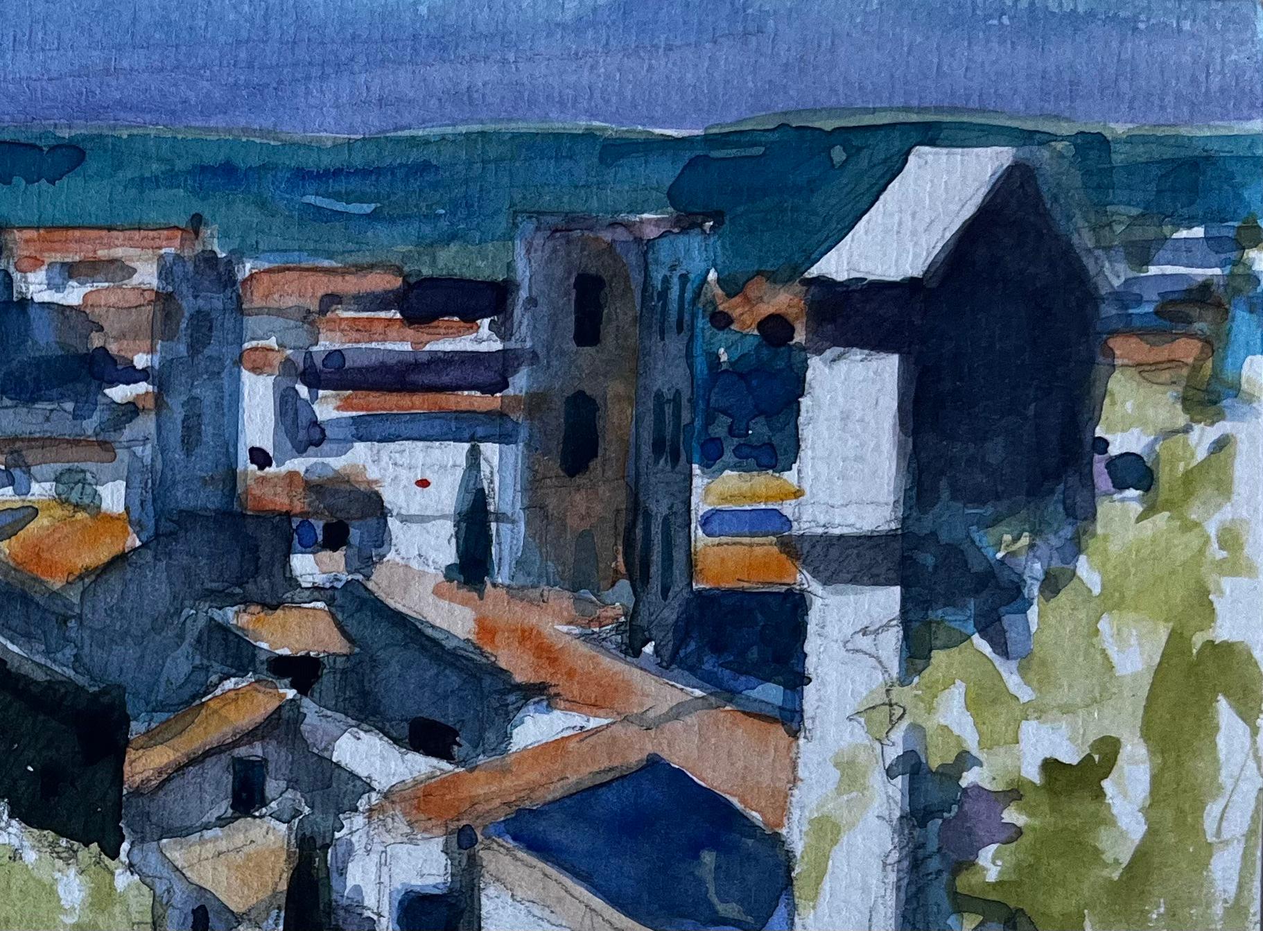 Vista de la colina francesa de Forcalquier Paisaje en acuarela de mediados de siglo - Painting Posimpresionista de Pierre Neveu