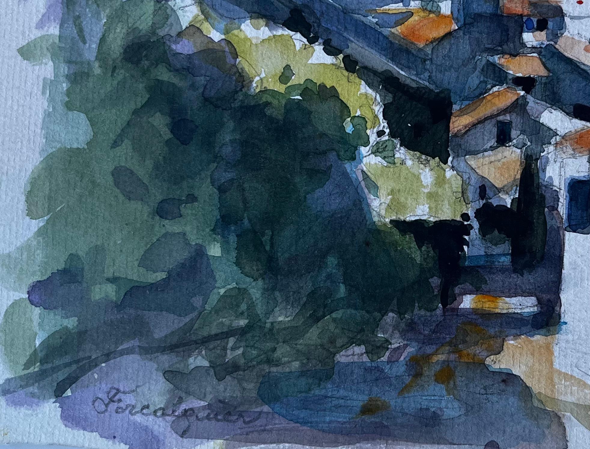 Vista de la colina francesa de Forcalquier Paisaje en acuarela de mediados de siglo en venta 1