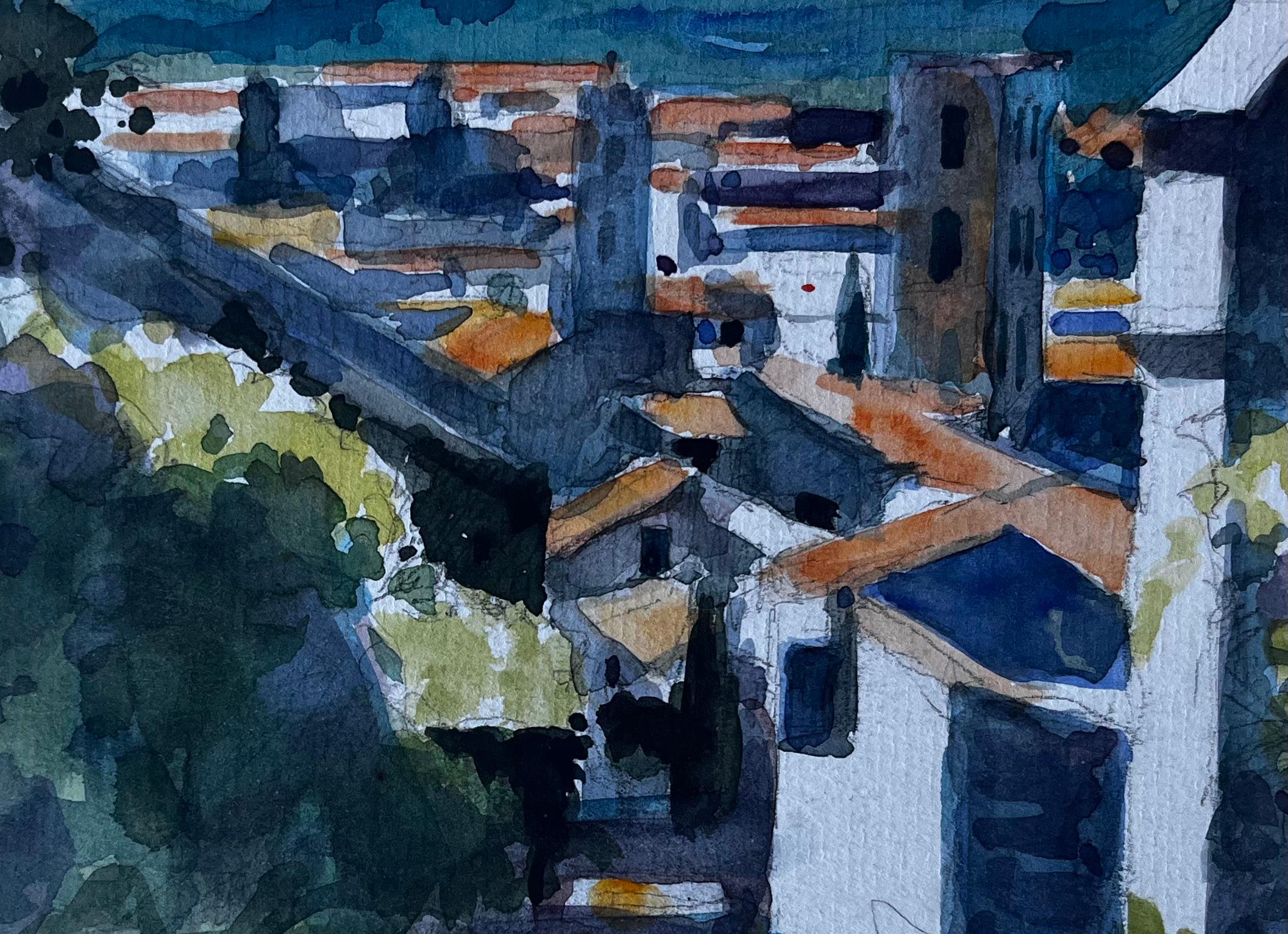 Vista de la colina francesa de Forcalquier Paisaje en acuarela de mediados de siglo en venta 2