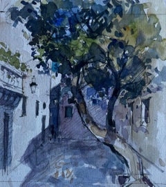 Strada di un villaggio francese con ombre di alberi Acquerello di metà secolo di Pierre Neveu