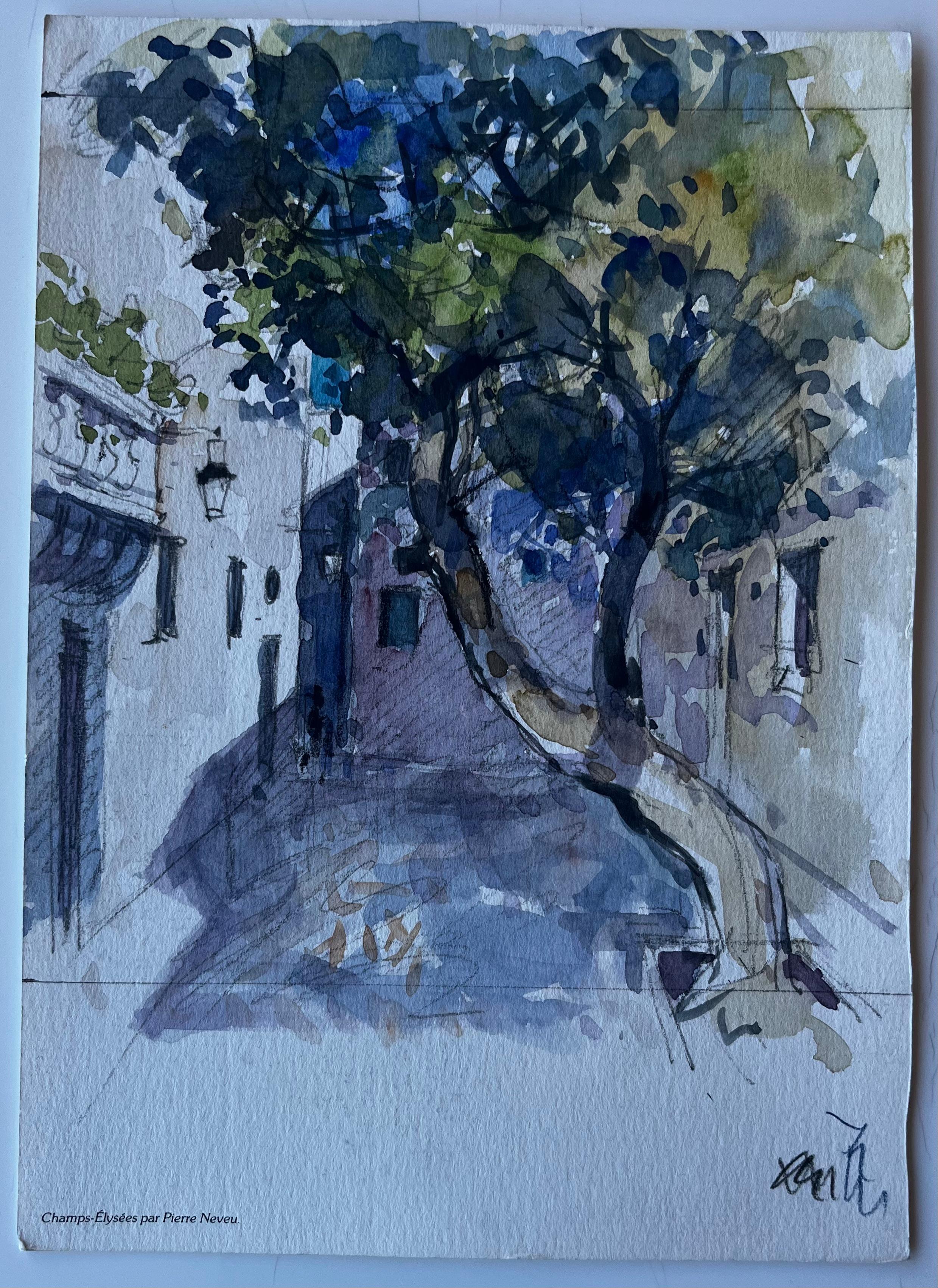 Strada di un villaggio francese con ombre di alberi Acquerello di metà secolo di Pierre Neveu in vendita 1