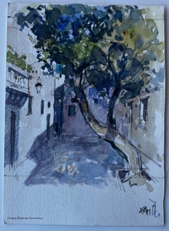 French Village Street with Tree Shadows Mid Century Watercolour by Pierre Neveu