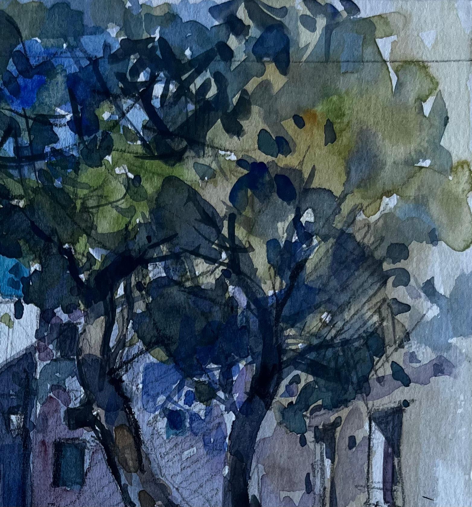 Strada di un villaggio francese con ombre di alberi Acquerello di metà secolo di Pierre Neveu in vendita 2