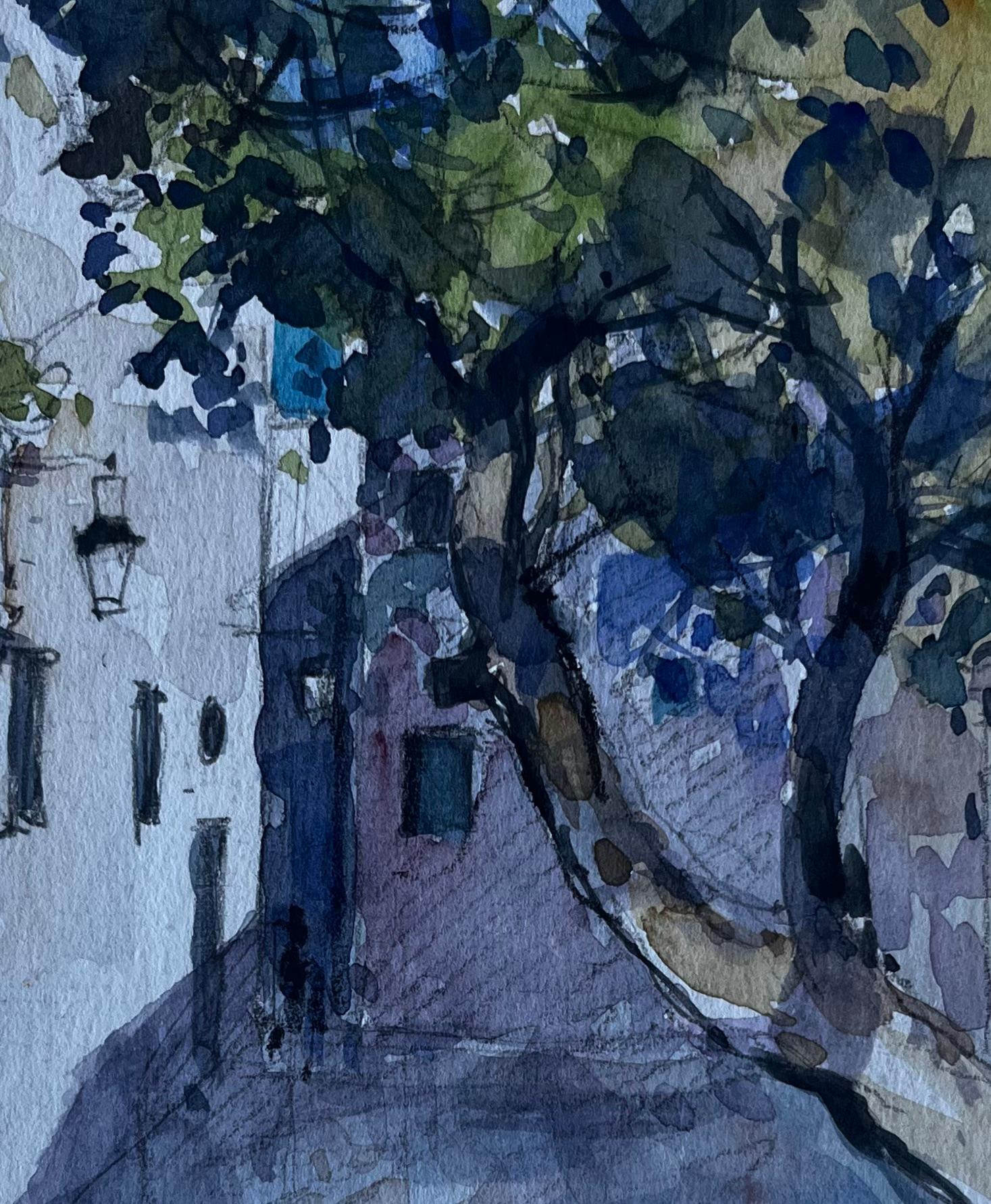 Strada di un villaggio francese con ombre di alberi Acquerello di metà secolo di Pierre Neveu in vendita 5