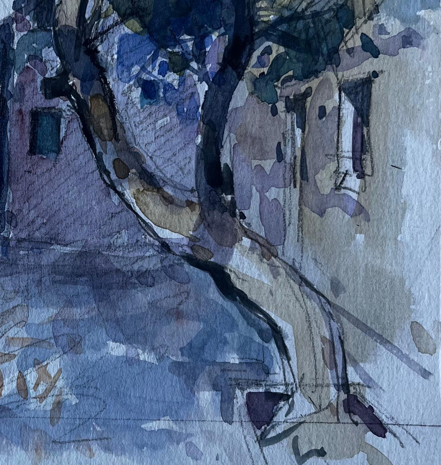 Strada di un villaggio francese con ombre di alberi Acquerello di metà secolo di Pierre Neveu in vendita 4