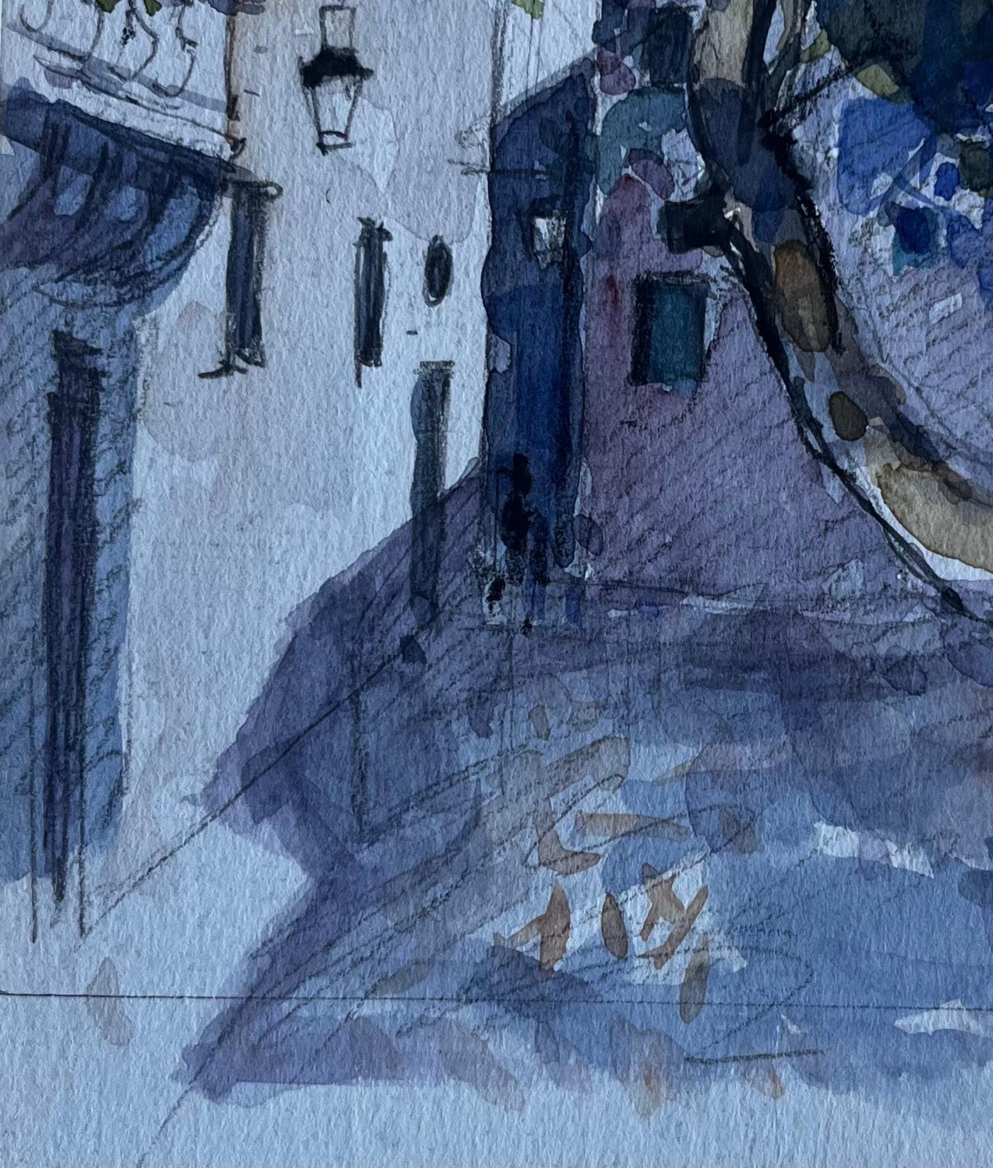 Strada di un villaggio francese con ombre di alberi Acquerello di metà secolo di Pierre Neveu in vendita 6