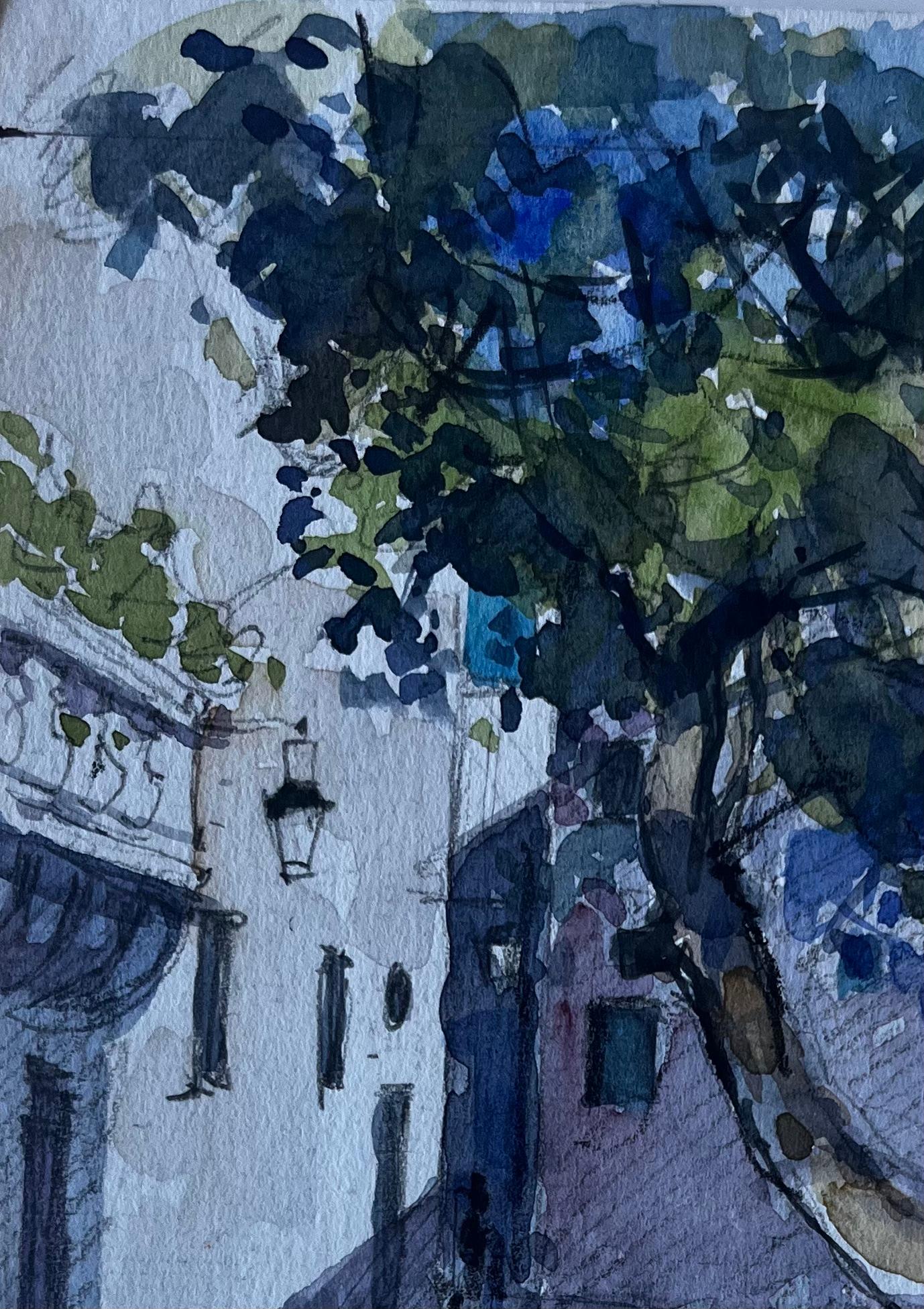 Strada di un villaggio francese con ombre di alberi Acquerello di metà secolo di Pierre Neveu in vendita 3