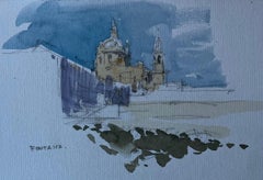 French Hilltop Church at Fontasse Mid Century Watercolour Drawing