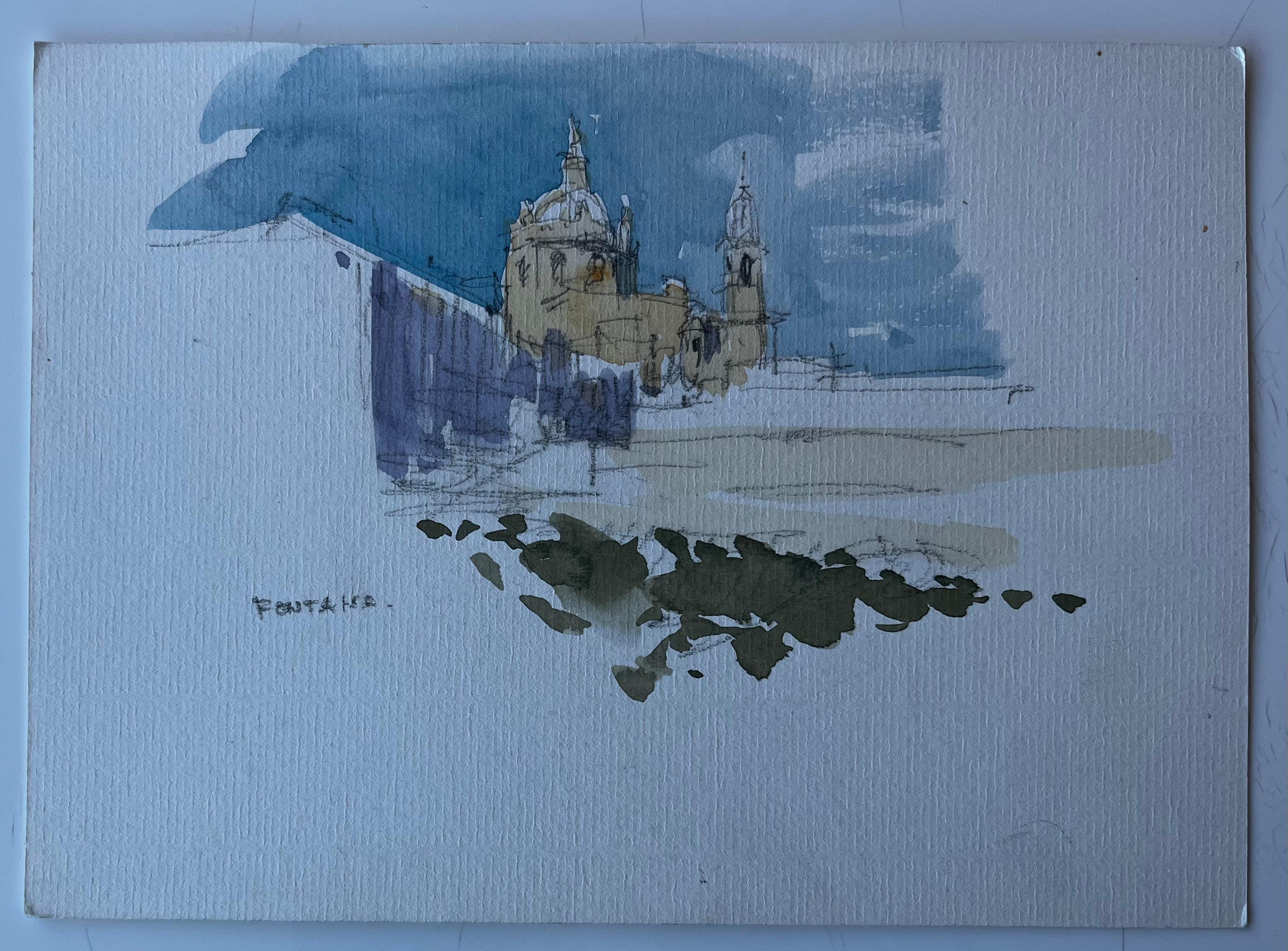 Disegno ad acquerello di metà secolo della chiesa francese in cima alla collina di Fontasse - Art di Pierre Neveu