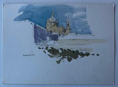 Französische Kirche auf dem Hügel an der Fontasse Aquarellzeichnung aus der Mitte des Jahrhunderts