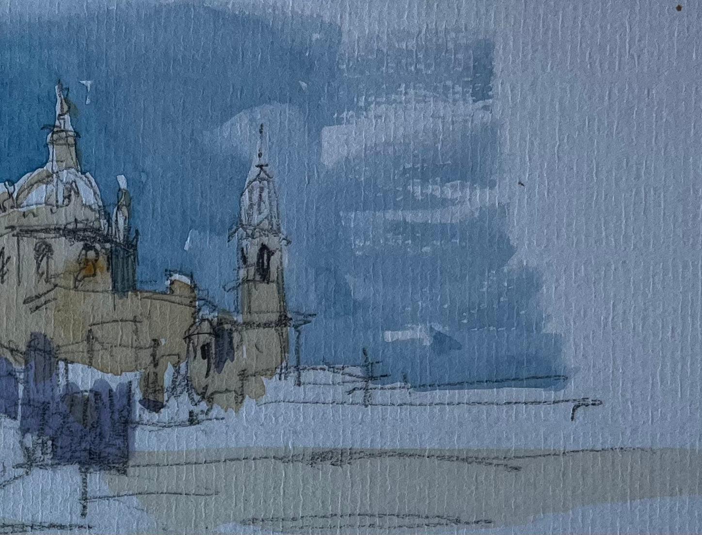 Disegno ad acquerello di metà secolo della chiesa francese in cima alla collina di Fontasse - Landscape Art Blu di Pierre Neveu