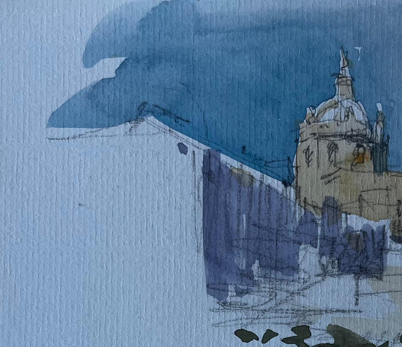 Disegno ad acquerello di metà secolo della chiesa francese in cima alla collina di Fontasse - Art Postimpressionismo di Pierre Neveu