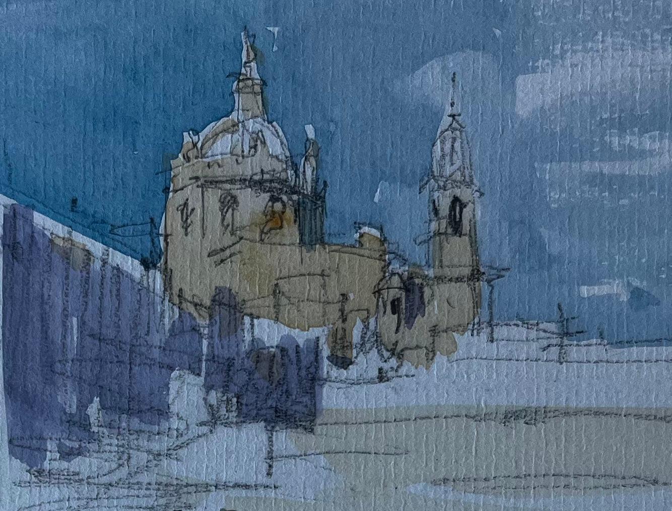 Disegno ad acquerello di metà secolo della chiesa francese in cima alla collina di Fontasse in vendita 2