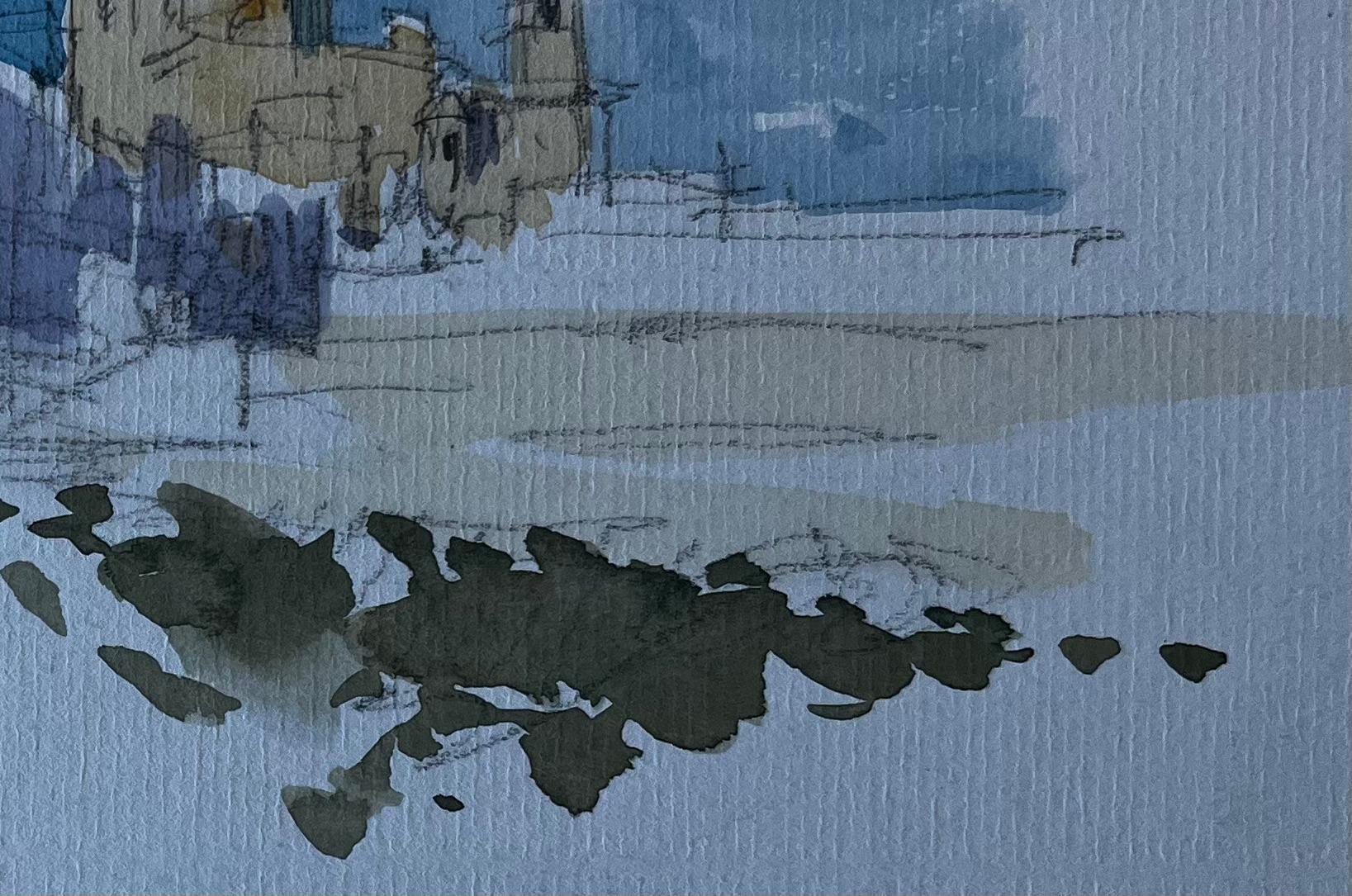 Titolo: Disegno ad acquerello di metà secolo della chiesa francese in cima alla collina di Fontasse
Artista: Pierre Neveu (francese, nato nel 1929)
Medium: Acquerello su carta d'artista, senza cornice
Dimensioni (H. x L): 6,25 x 8,5