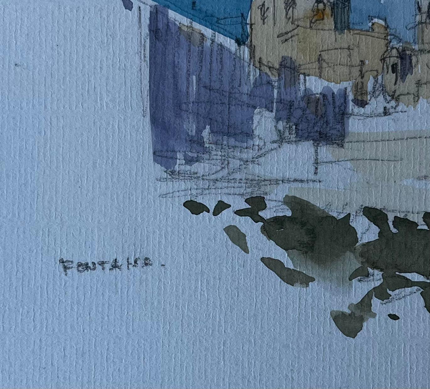 Disegno ad acquerello di metà secolo della chiesa francese in cima alla collina di Fontasse in vendita 1