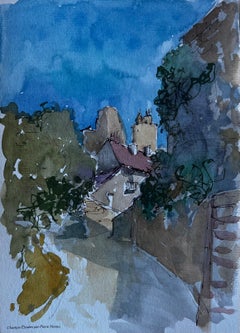 French Village Street with Tree Shadows Mid Century Watercolour by Pierre Neveu