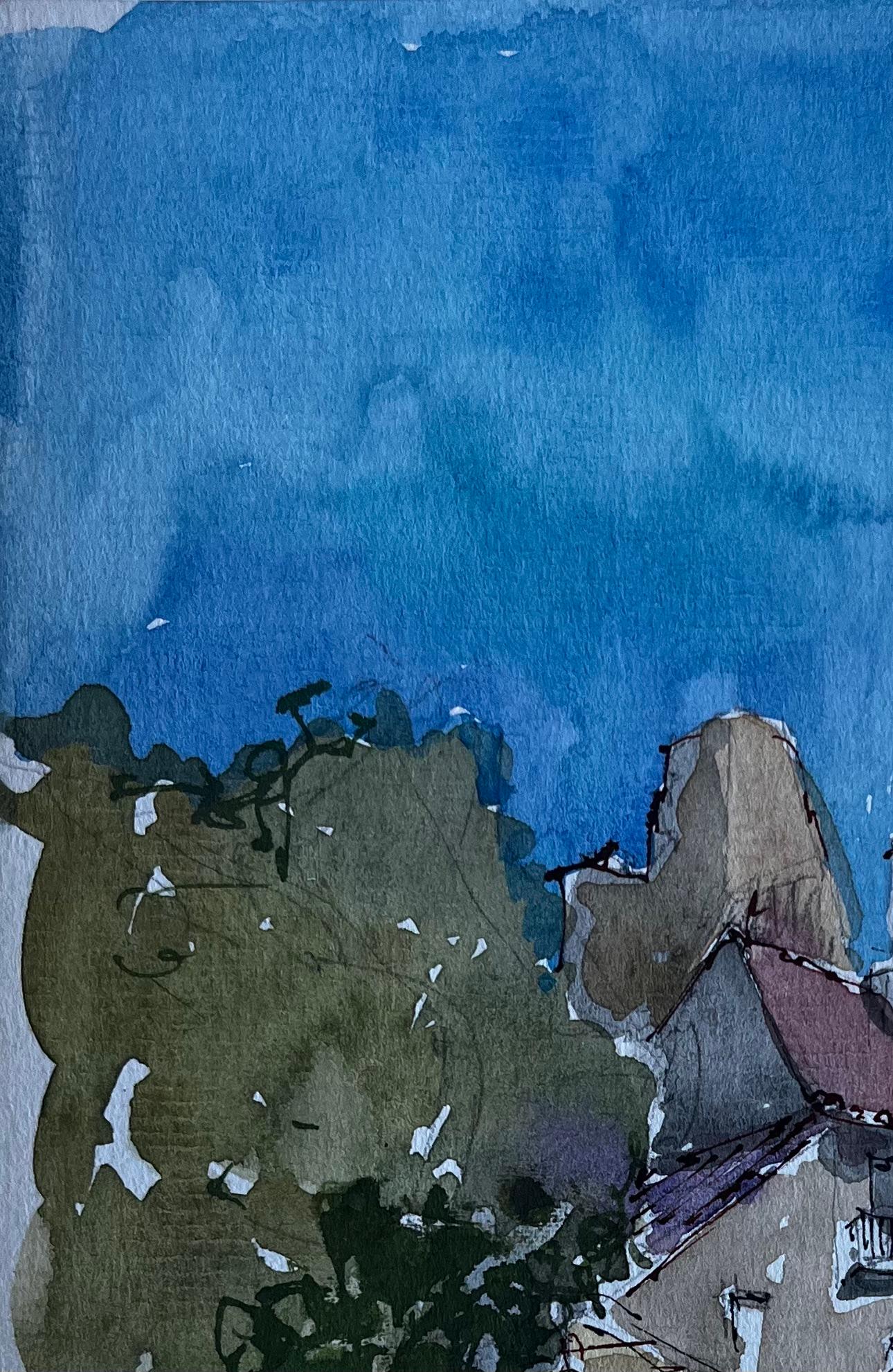 Strada di un villaggio francese con ombre di alberi Acquerello di metà secolo di Pierre Neveu in vendita 2