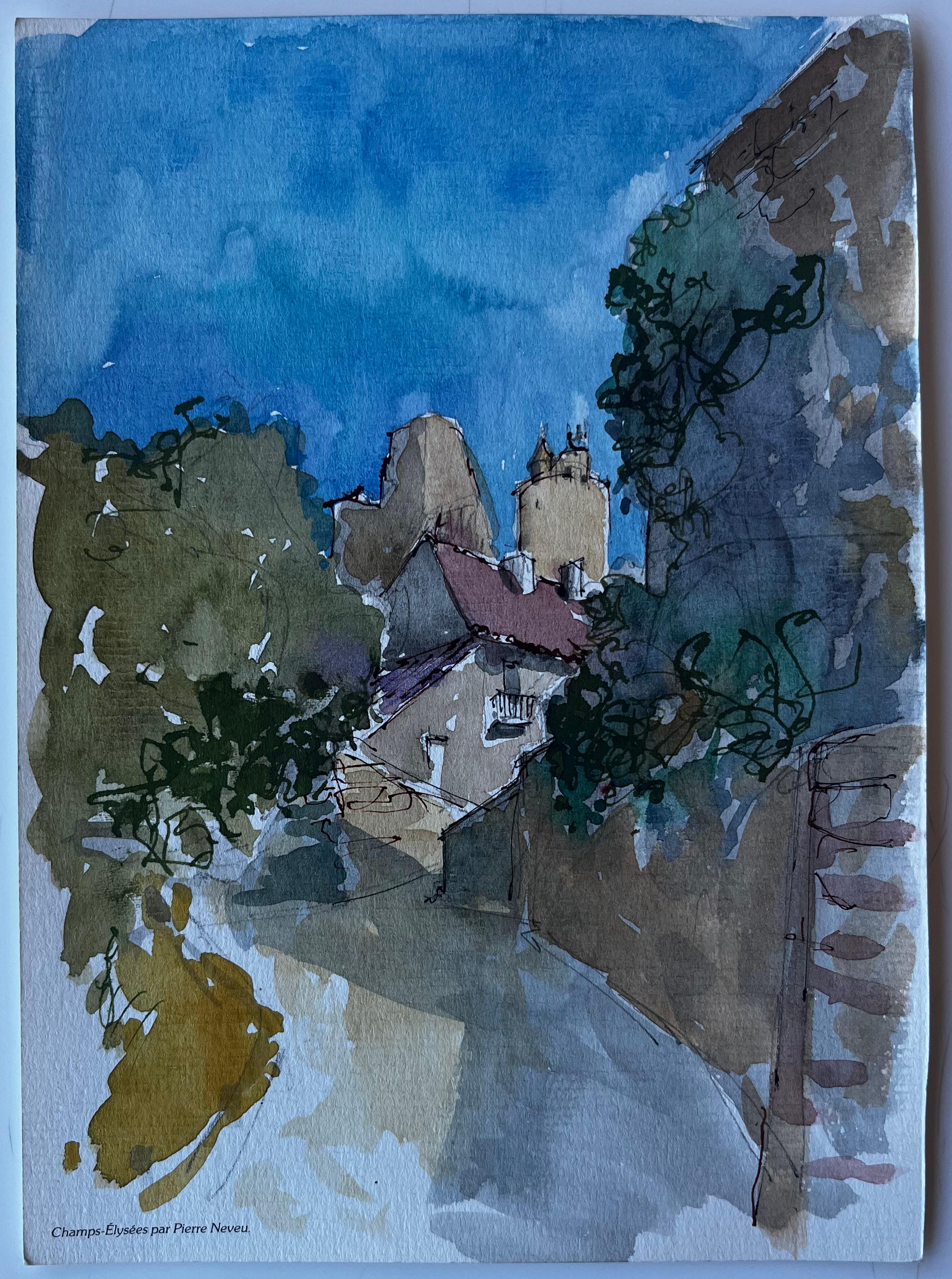 Strada di un villaggio francese con ombre di alberi Acquerello di metà secolo di Pierre Neveu in vendita 1