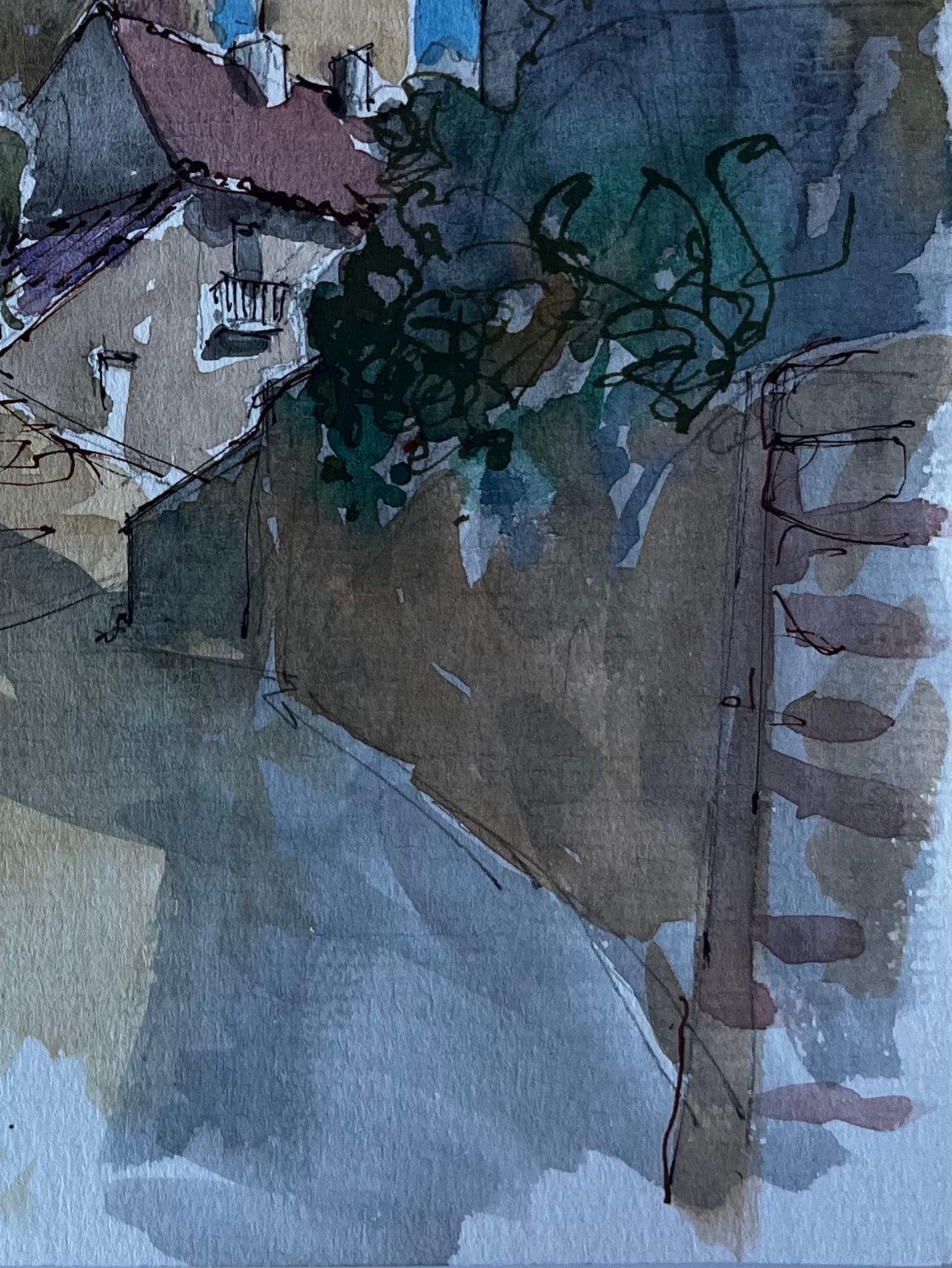 Strada di un villaggio francese con ombre di alberi Acquerello di metà secolo di Pierre Neveu in vendita 4