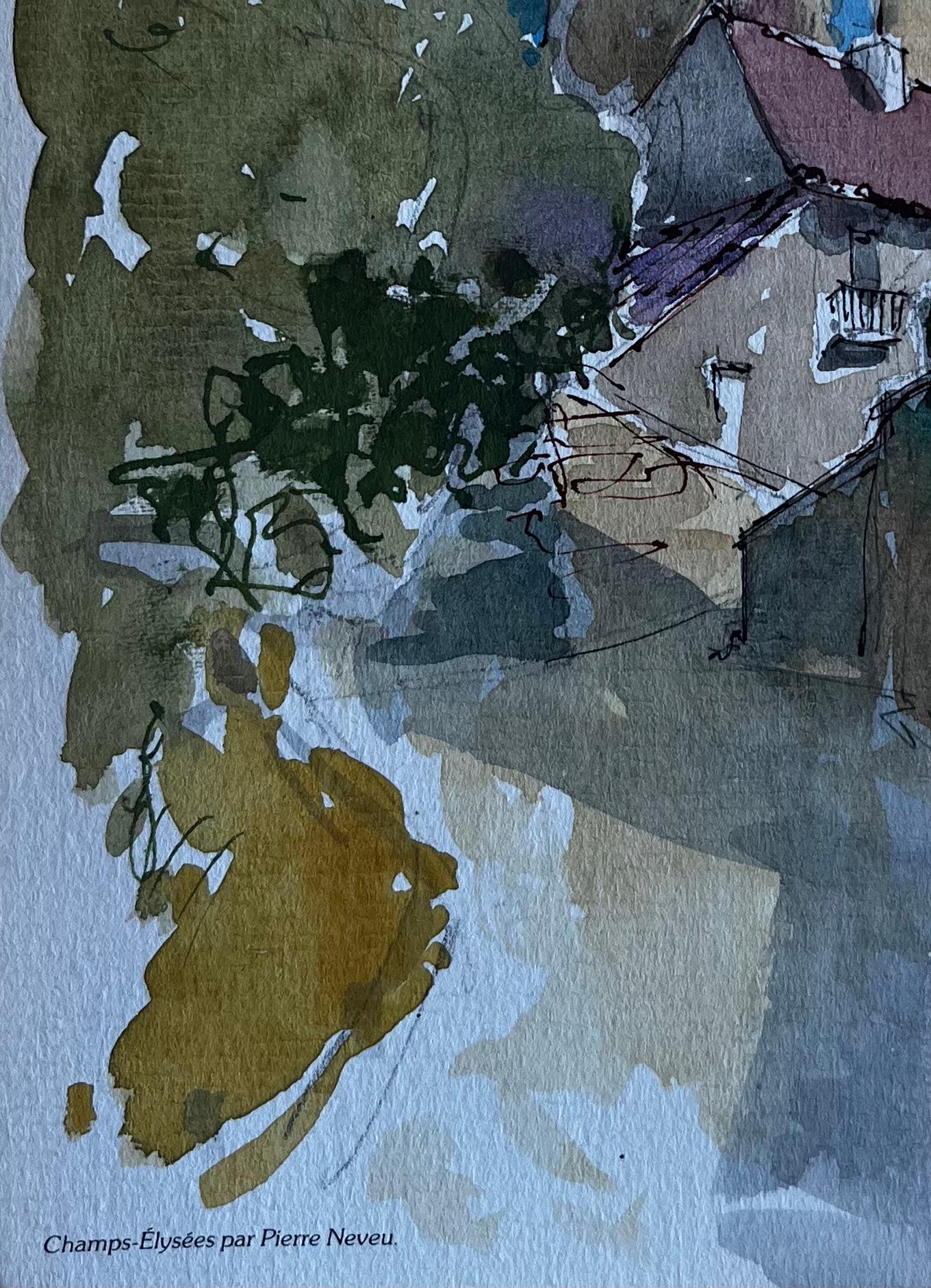 Strada di un villaggio francese con ombre di alberi Acquerello di metà secolo di Pierre Neveu in vendita 5