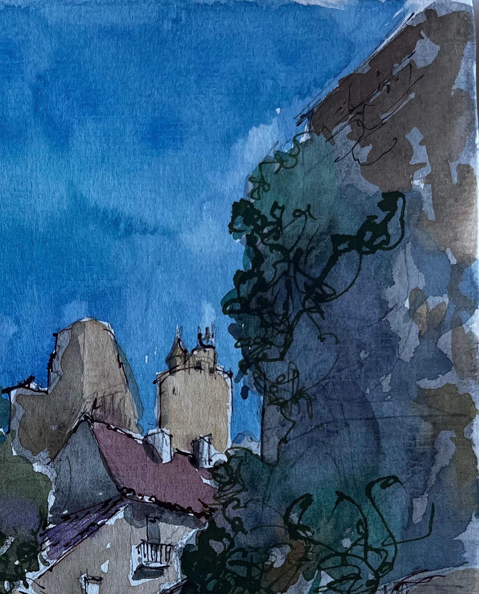 Strada di un villaggio francese con ombre di alberi Acquerello di metà secolo di Pierre Neveu in vendita 3