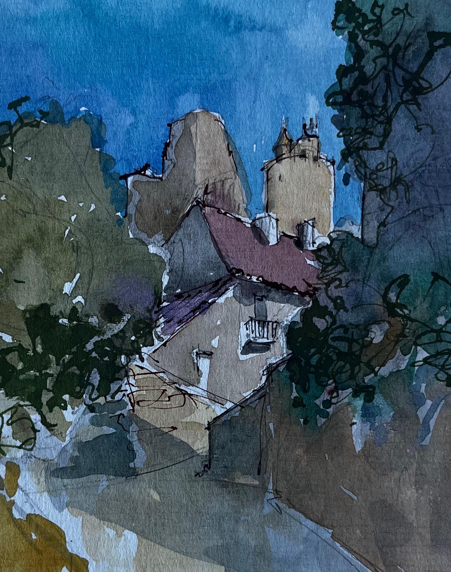 Strada di un villaggio francese con ombre di alberi Acquerello di metà secolo di Pierre Neveu in vendita 6