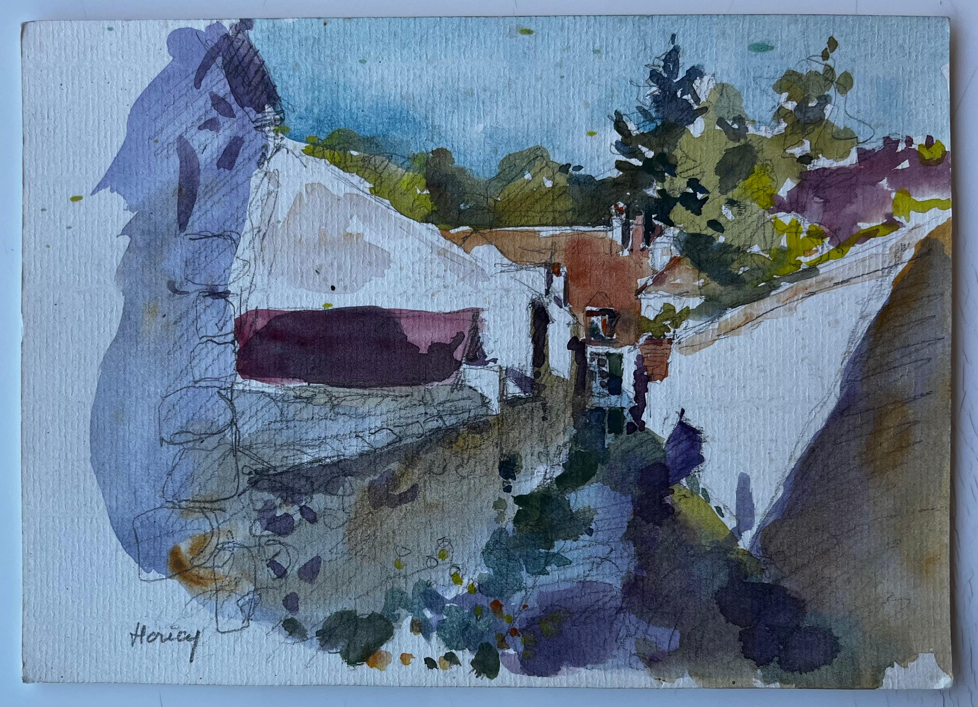 Scène de rue d'un village français, probablement en Normandie Aquarelle du milieu du siècle - Art de Pierre Neveu