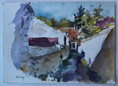 French Village Street Scene Possibly Normandy Mid Century Watercolour