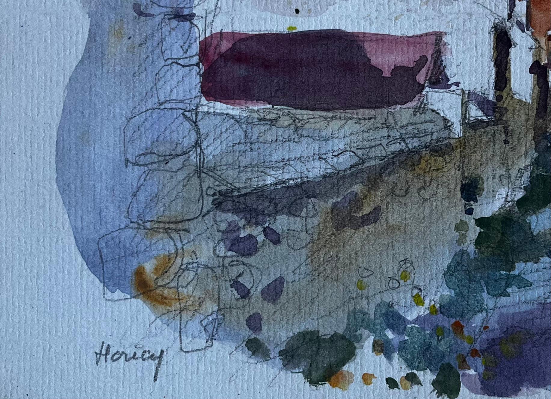 Scène de rue d'un village français, probablement en Normandie Aquarelle du milieu du siècle en vente 1