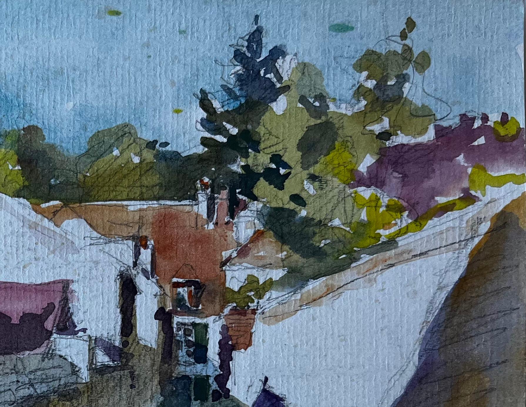 Scène de rue d'un village français, probablement en Normandie Aquarelle du milieu du siècle - Post-impressionnisme Art par Pierre Neveu