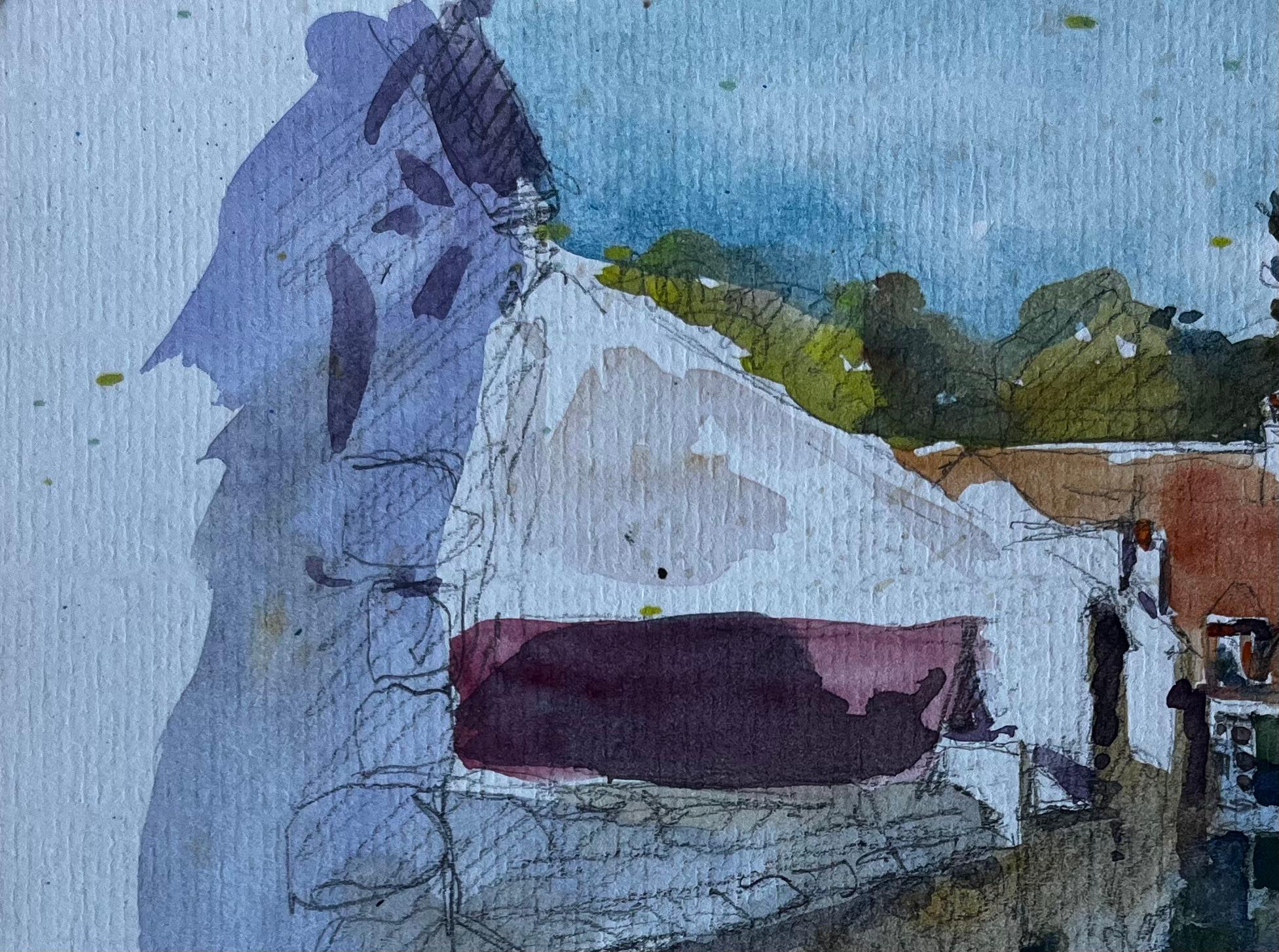 Titre : Scène de rue d'un village français, probablement en Normandie Aquarelle du milieu du siècle
Artistics : Pierre Neveu (français né en 1929)
Moyen d'expression : Aquarelle sur papier d'artiste, non encadrée
Taille (H x L) : 6.25 x 8.75