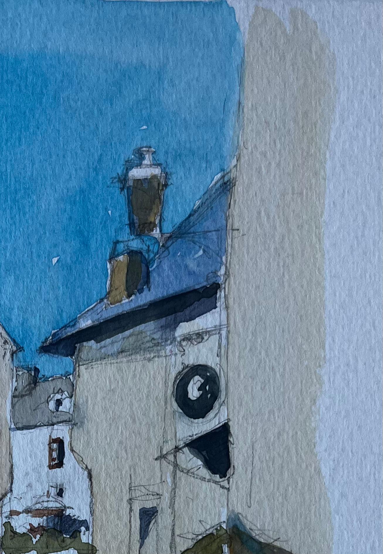 Rochefort en Terre Calle del pueblo de Bretaña Acuarela de mediados de siglo de Neveu - Landscape Art Azul de Pierre Neveu