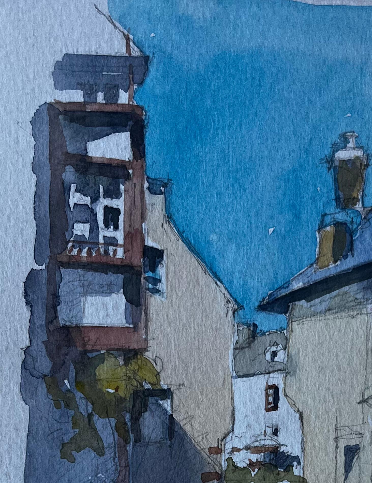 Rochefort en Terre Calle del pueblo de Bretaña Acuarela de mediados de siglo de Neveu - Art Posimpresionista de Pierre Neveu