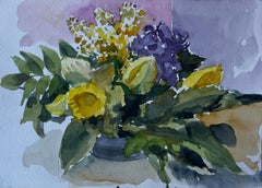 Sunflower and Mimosa Still Life Mid Century Watercolour by Pierre Neveu