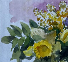 Sunflower and Mimosa Still Life Mid Century Watercolour by Pierre Neveu