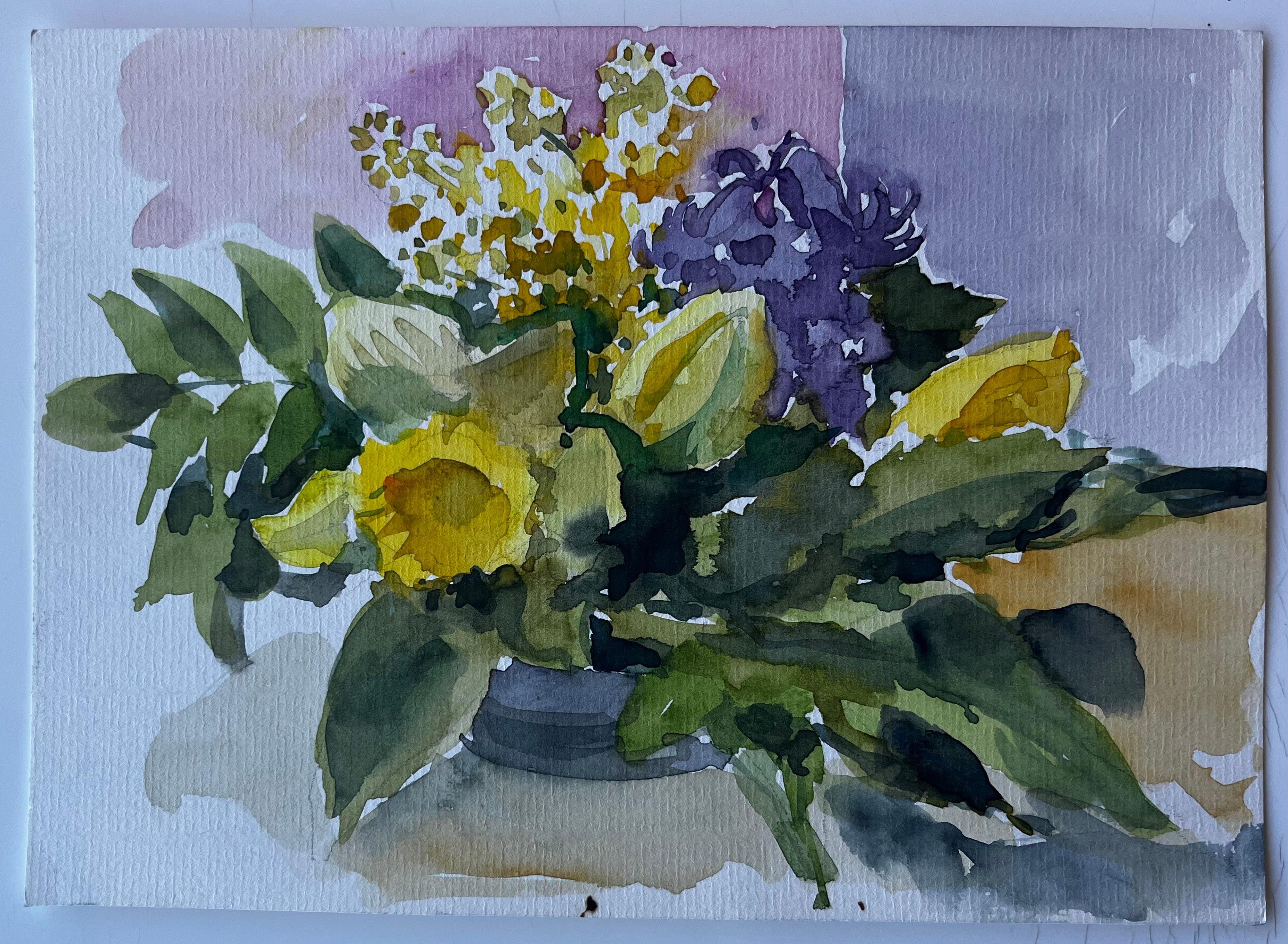 Natura morta di girasoli e mimose Acquerello di Pierre Neveu del metà del secolo scorso in vendita 2