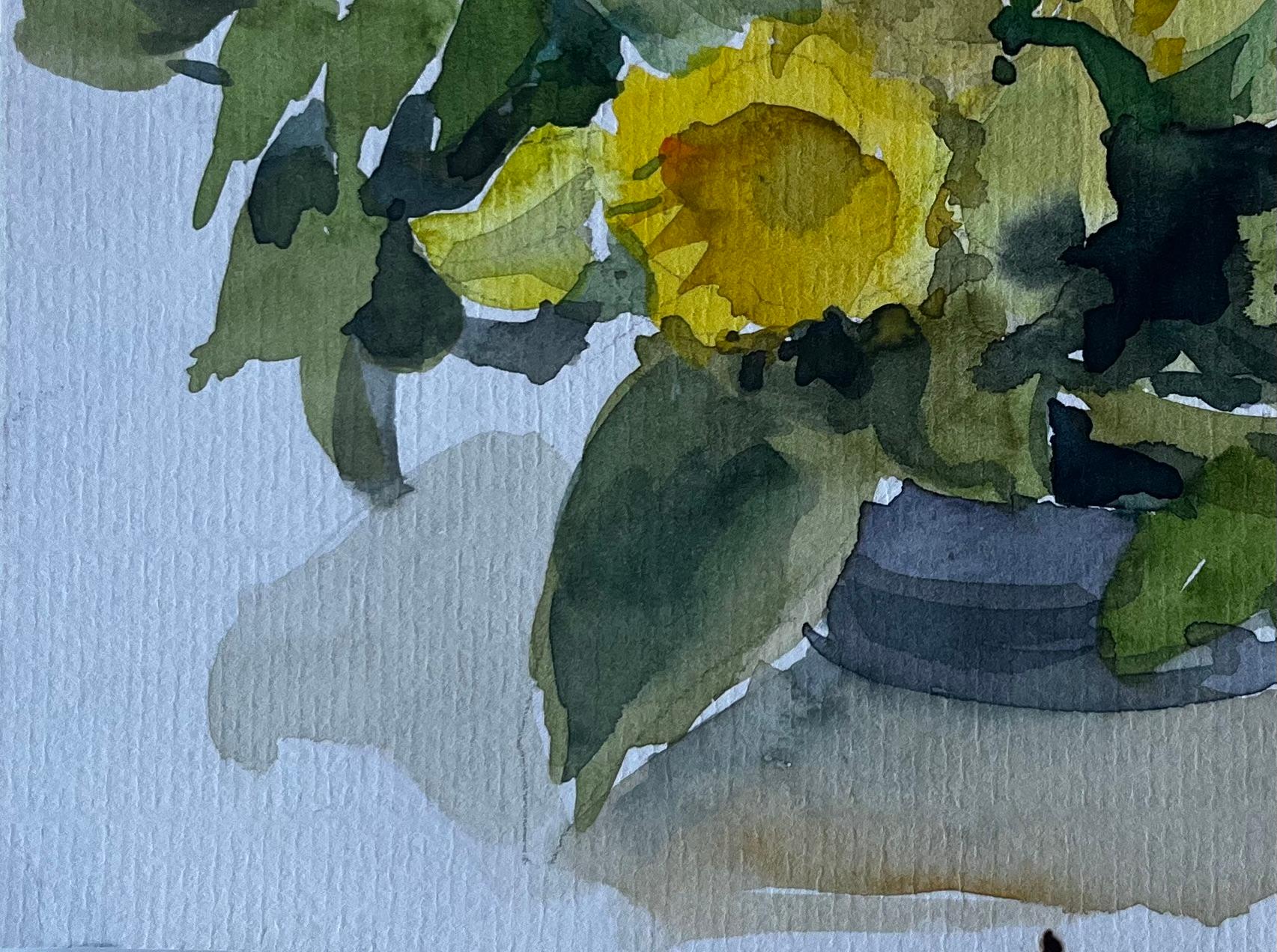 Natura morta di girasoli e mimose Acquerello di Pierre Neveu del metà del secolo scorso in vendita 3