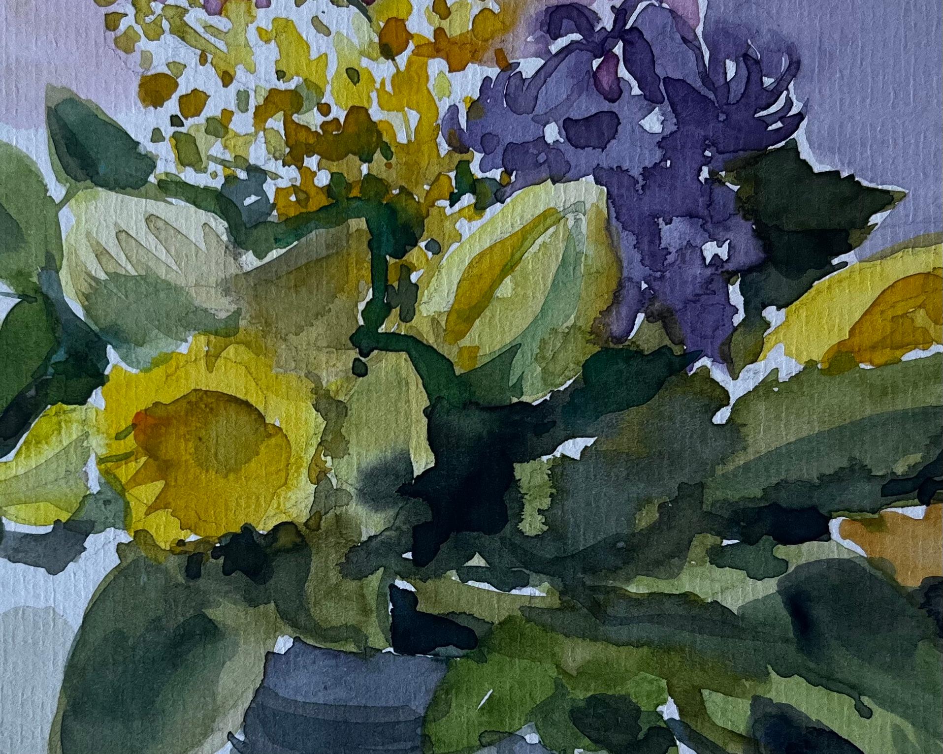 Natura morta di girasoli e mimose Acquerello di Pierre Neveu del metà del secolo scorso in vendita 4