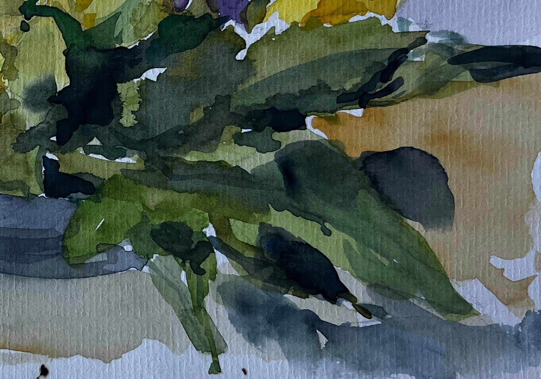 Natura morta di girasoli e mimose Acquerello di Pierre Neveu del metà del secolo scorso in vendita 6