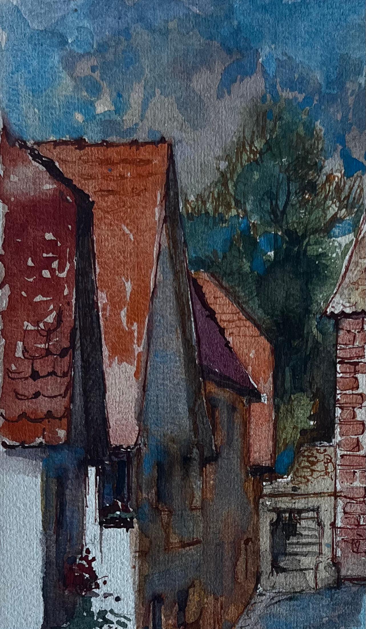 Scena di cancello di un villaggio francese con figure Acquerello di Pierre Neveu della metà del secolo scorso in vendita 2