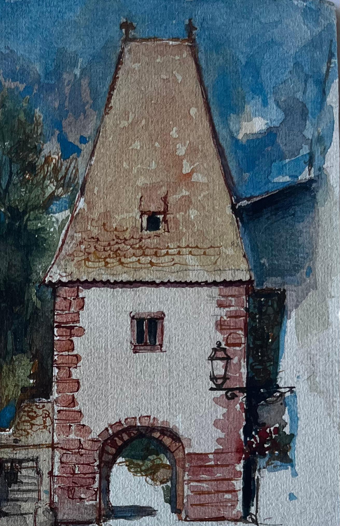 Scena di cancello di un villaggio francese con figure Acquerello di Pierre Neveu della metà del secolo scorso in vendita 3