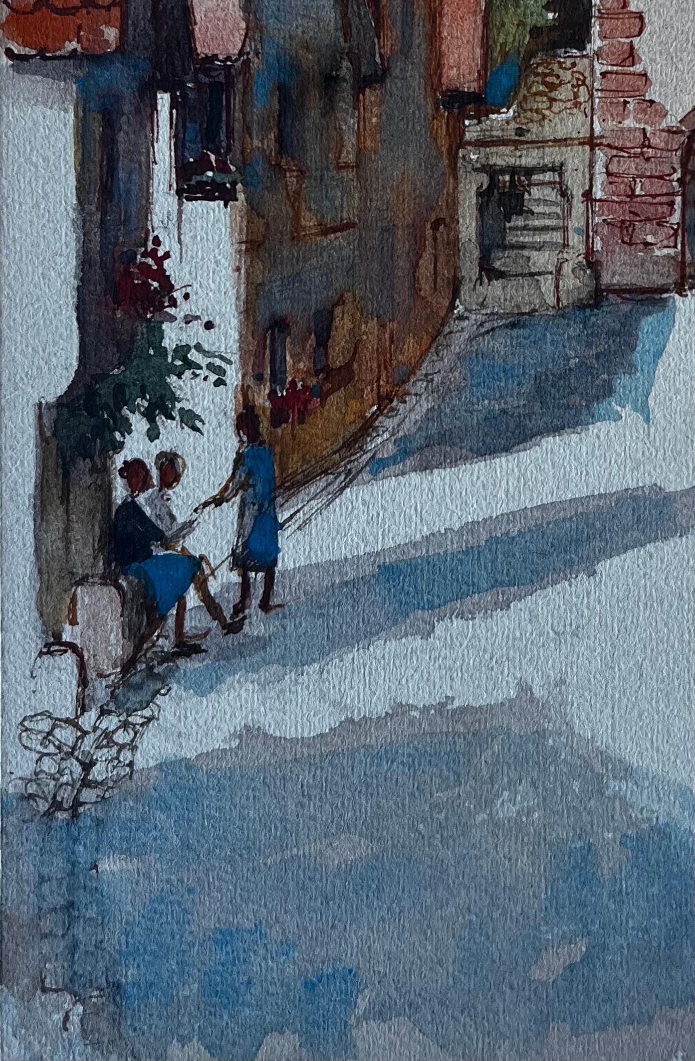 Scena di cancello di un villaggio francese con figure Acquerello di Pierre Neveu della metà del secolo scorso in vendita 4