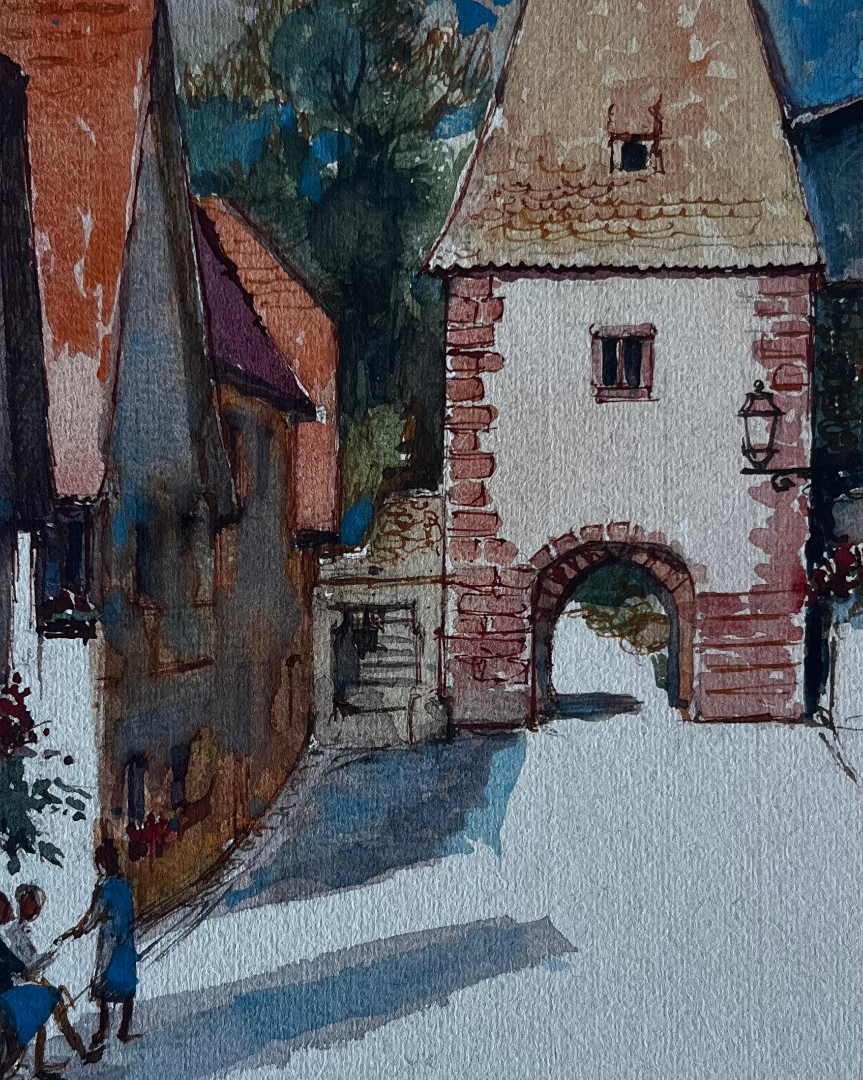 Scena di cancello di un villaggio francese con figure Acquerello di Pierre Neveu della metà del secolo scorso in vendita 6