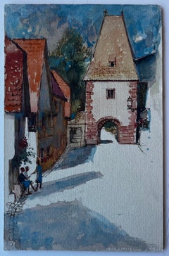 French Village Gate Scene with Figures Mid Century Watercolour by Pierre Neveu