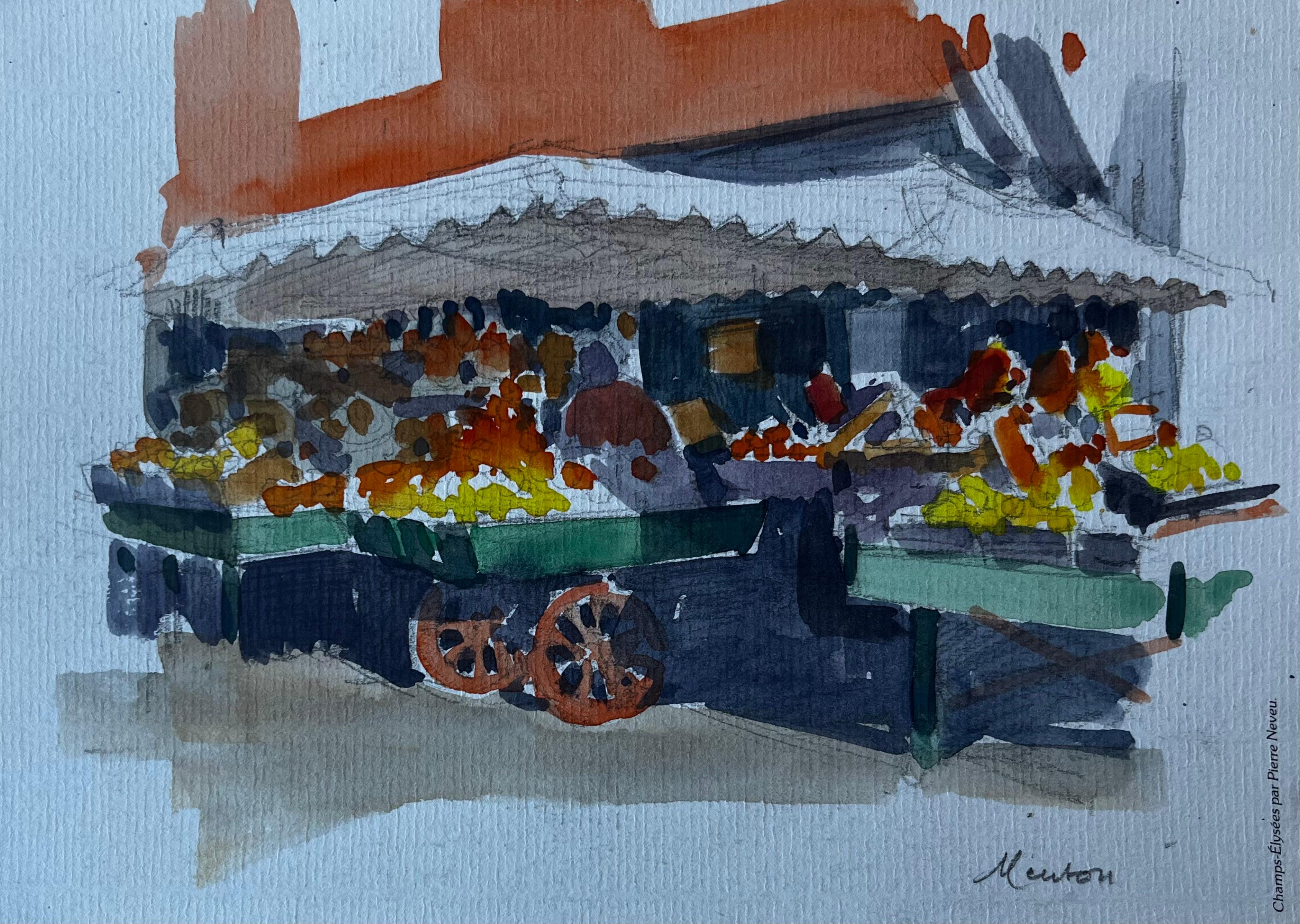 Mentone - Scena di mercato della Costa Azzurra - Acquerello di metà secolo di Pierre Neveu